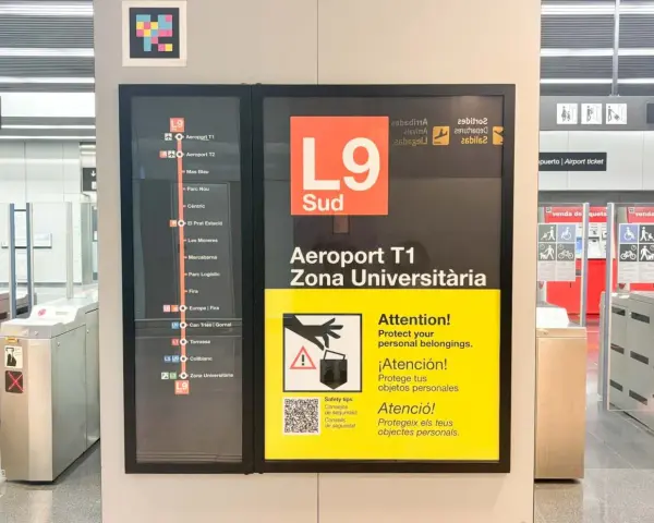 Tablica informacyjna na lotnisko Barcelona, linia L9 Sud, z ostrzeżeniem o kradzieży.