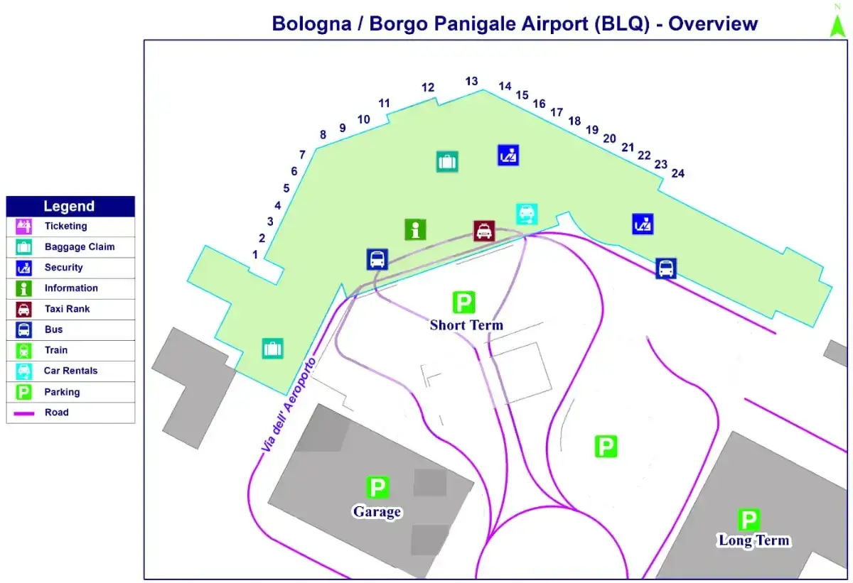 Mapa lotniska Bologna / Borgo Panigale (BLQ) pokazuje punkty obsługi pasażera, parkingi i drogi.
