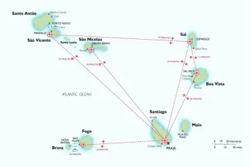 Mapa przedstawia wyspy Zielonego Przylądka na Oceanie Atlantyckim, z zaznaczonymi połączeniami lotniczymi między nimi.